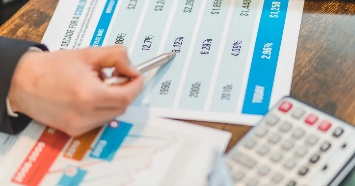 Close-up of financial documents with charts and a calculator used for business analysis.